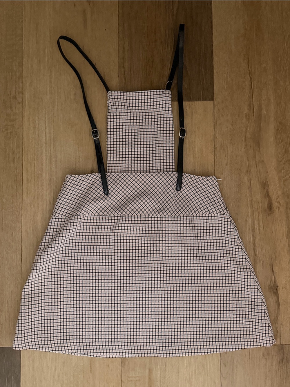 RARE Vintage 80s 90s One Two Three USA Pink Plaid Skirt Leather Buckle Straps